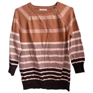 5for20 Liz Claiborne petite brown gray black striped 3/4 sleeve sweater